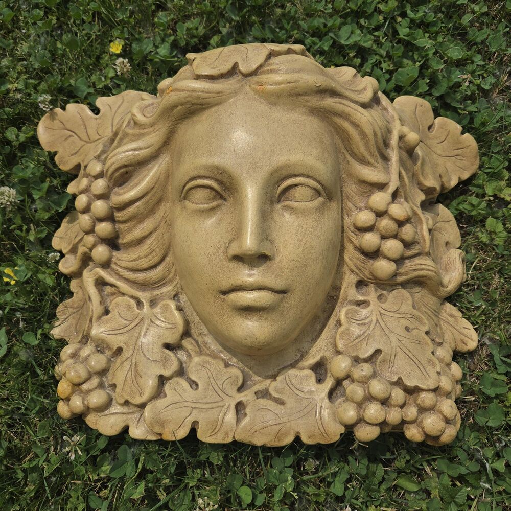 VTG Chalkware Plaque Female Face Grapes Leaves Green Goddess Aphrodite Dryad Wal